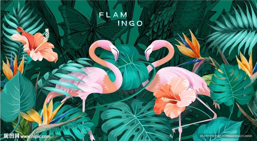 火烈鸟欧美北美花鸟背景墙壁画