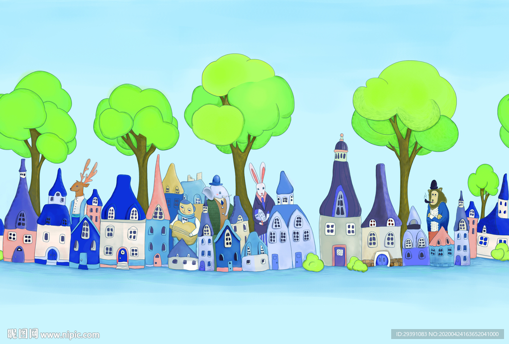 手绘蓝色森林动物壁纸