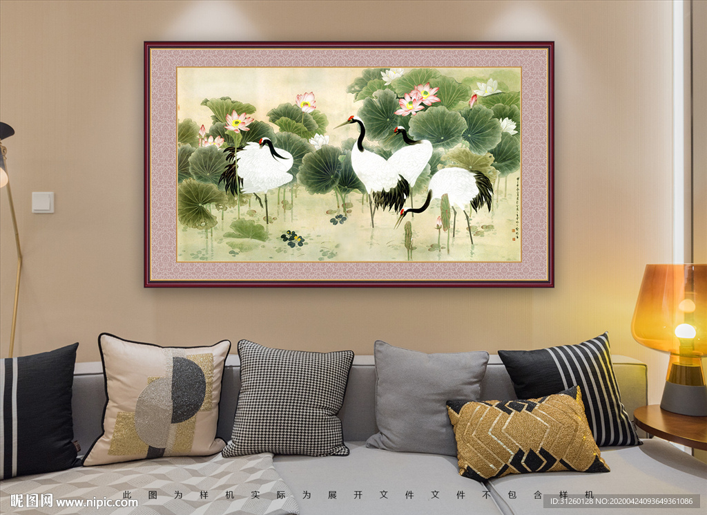 荷花仙鹤装饰画