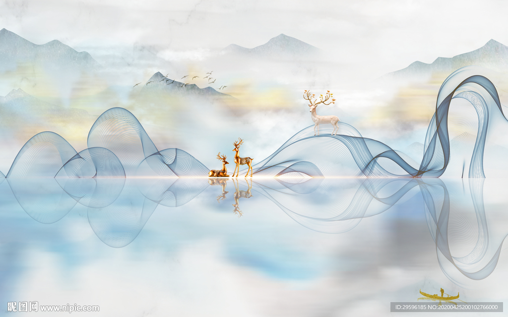 麋鹿轻奢山水画 tif分层