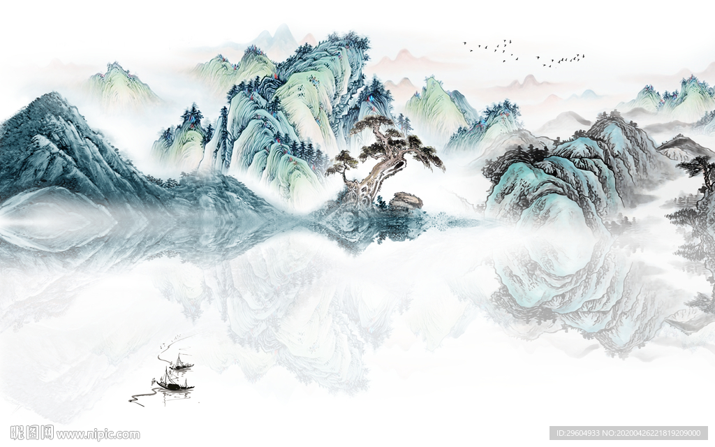 别墅中式风山水画 tif分层