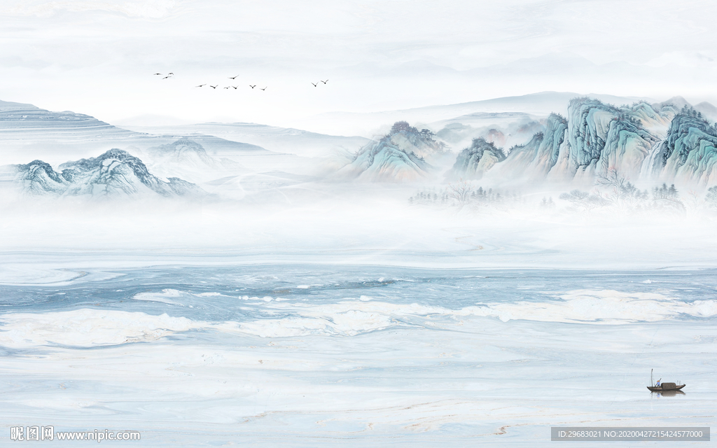 蓝色新轻奢山水画 tif分层