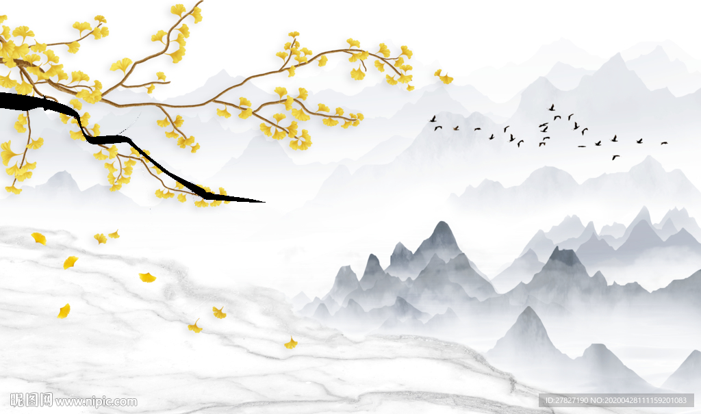 飞鸟山水 意境山水 银杏树 银