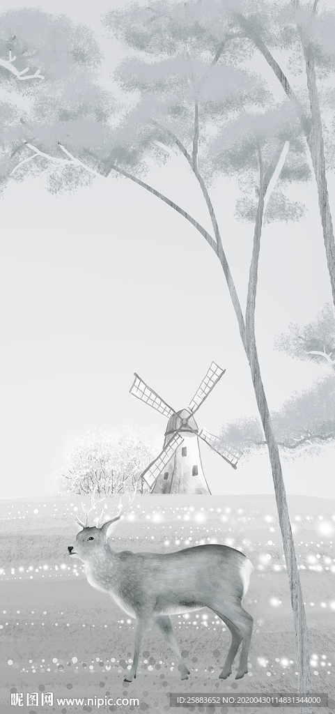 淡雅梅花鹿树林玄关背景