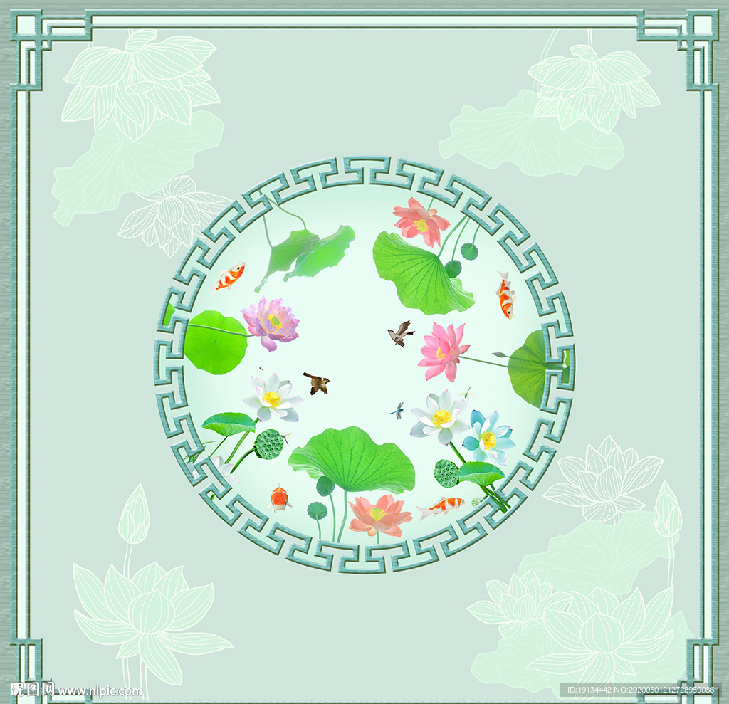 新中式荷花吊顶壁画