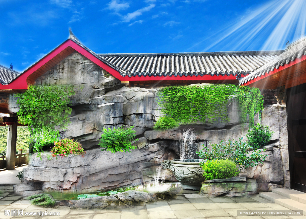 别墅庭院墙壁景观假石效果图