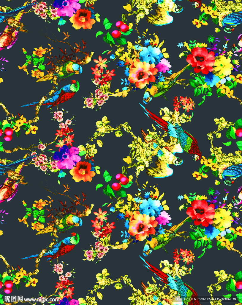 数码印花 鹦鹉 花朵