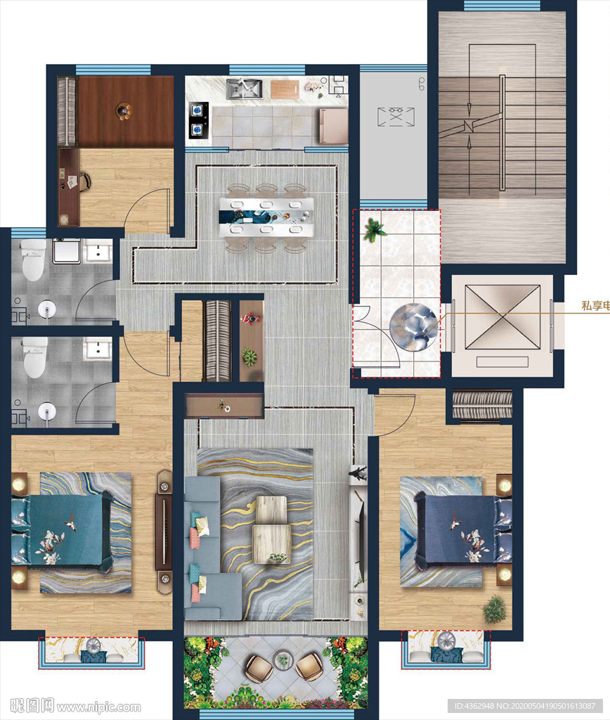 新中式户型渲染素材