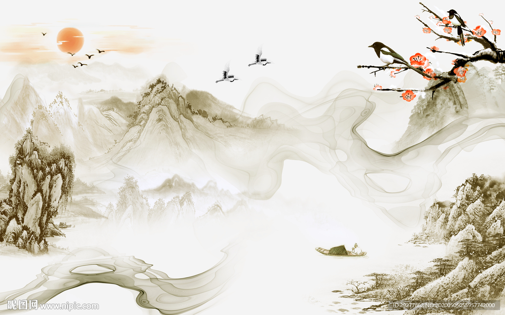 国画简约山水画 TIF分层