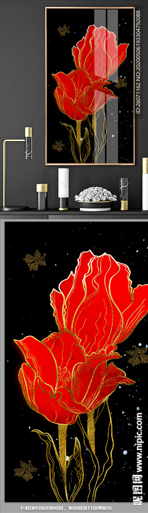 金色郁金香蝴蝶客厅画晶瓷玄关画
