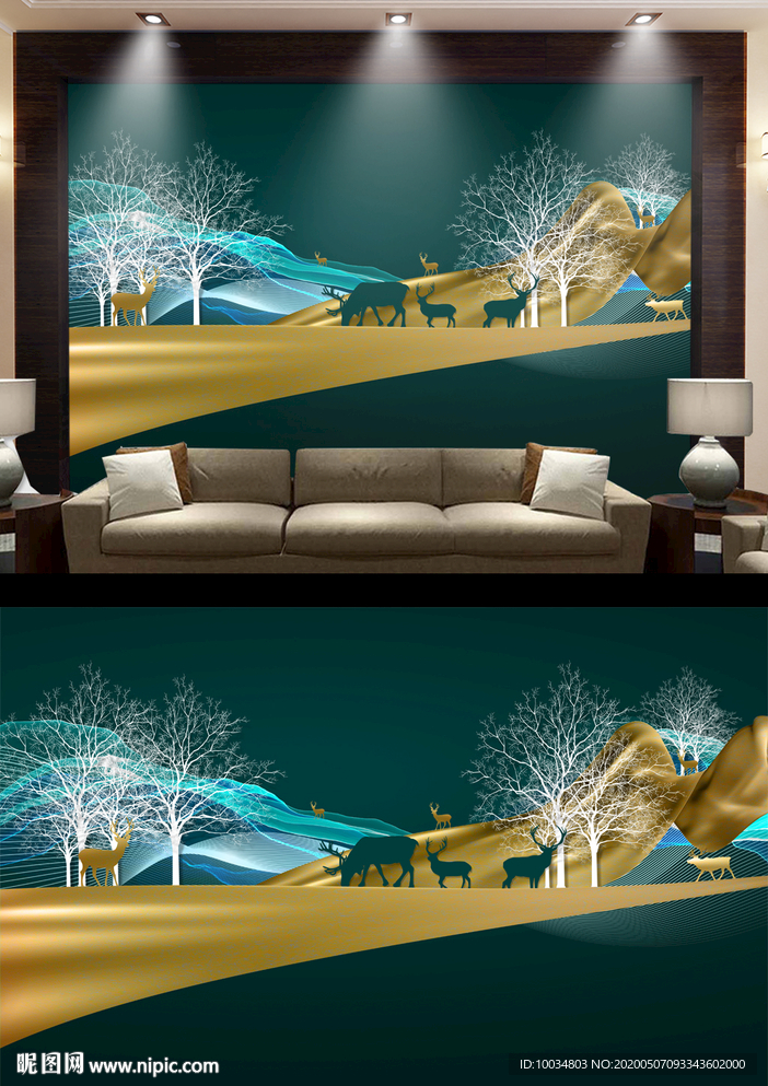 抽线麋鹿山水背景墙