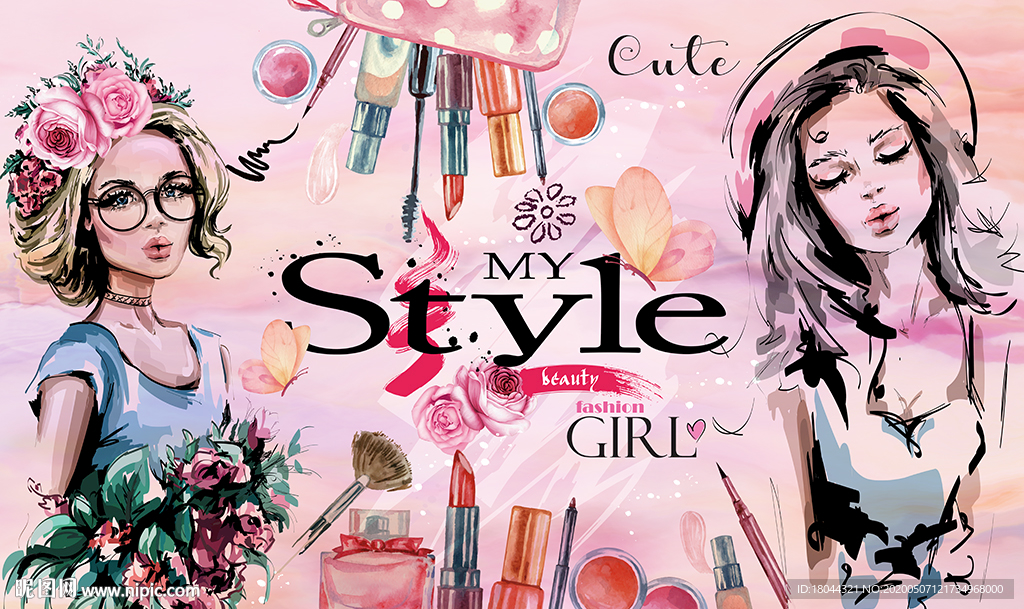 水彩美甲彩妆美女工装背景墙