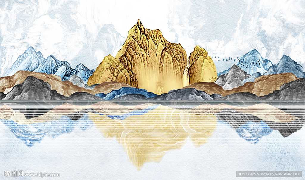 黄金山新中式意境山水画背景墙