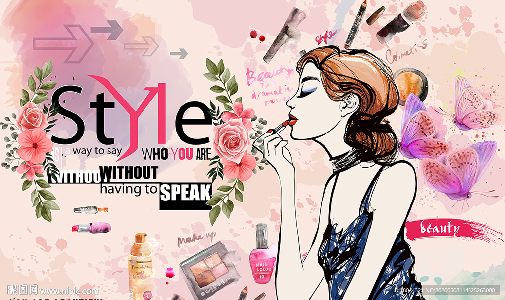 水彩美甲彩妆美女蝴蝶工装背景墙