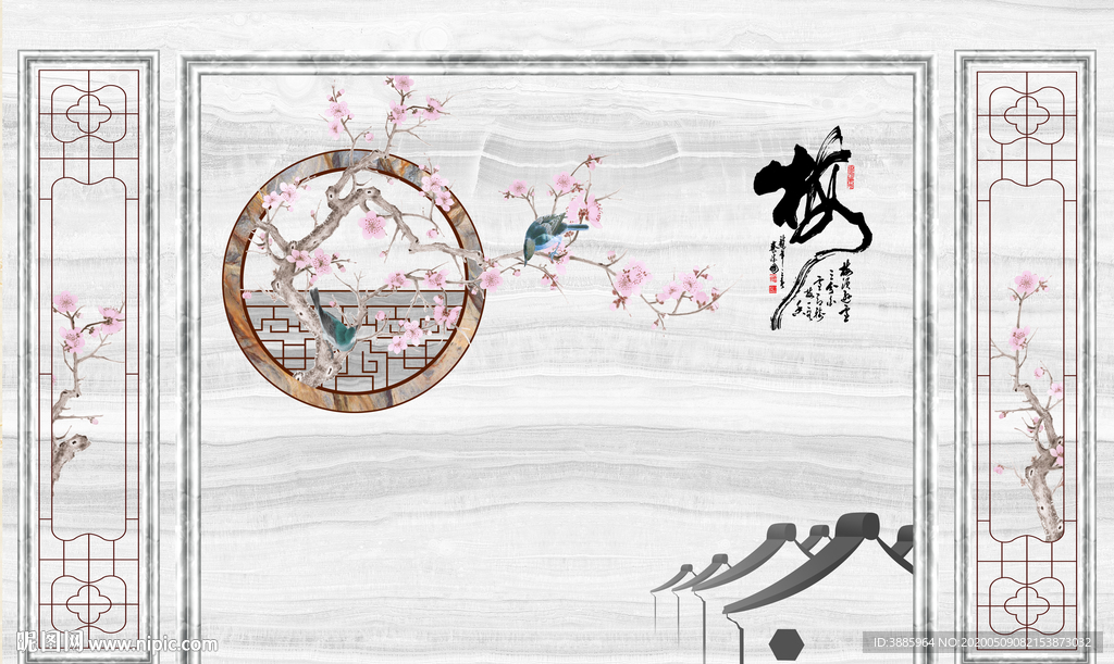 手绘花开富贵桃花树电视背景墙图