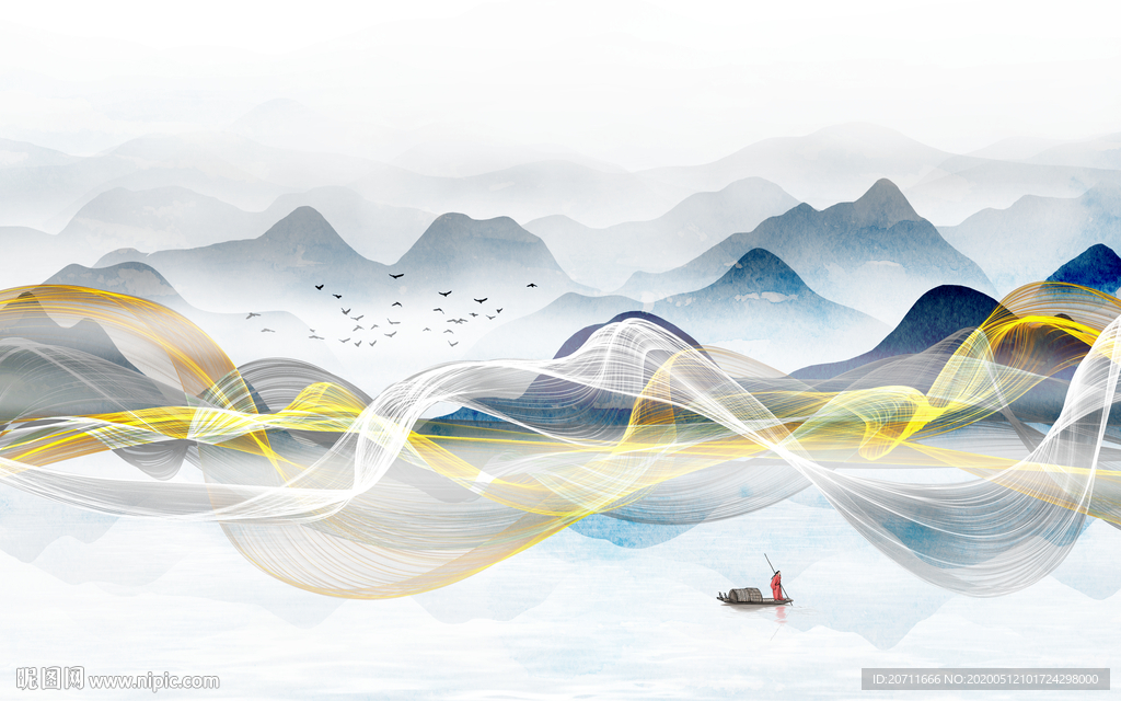 金线抽象线条山水画