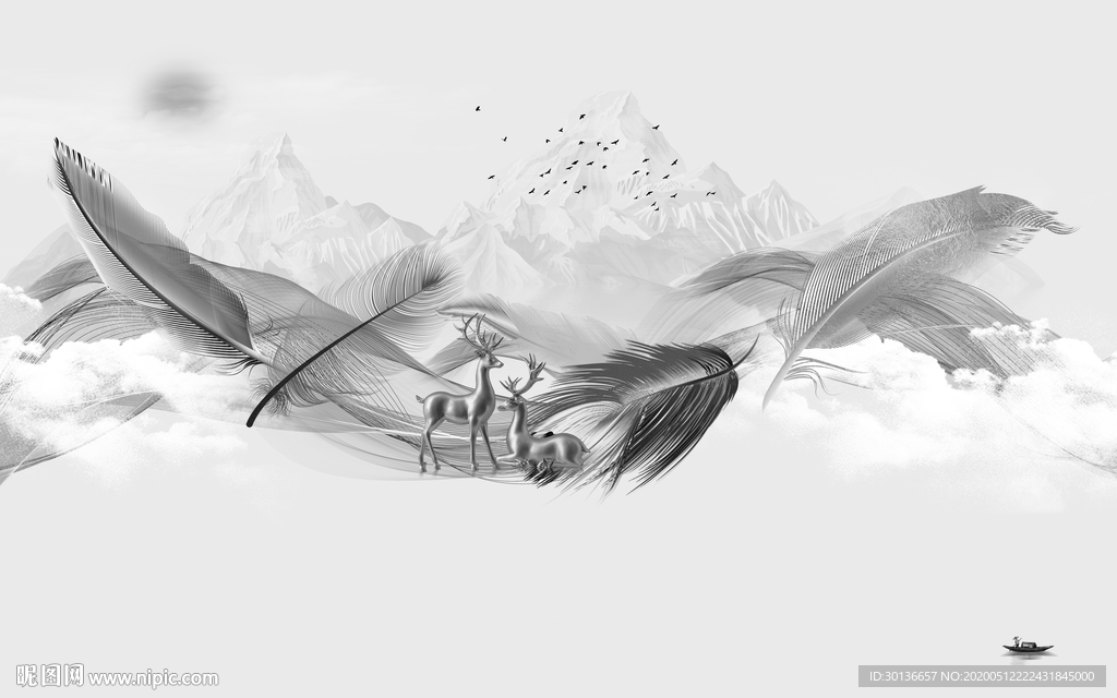 羽毛高档山水画 TIF分层