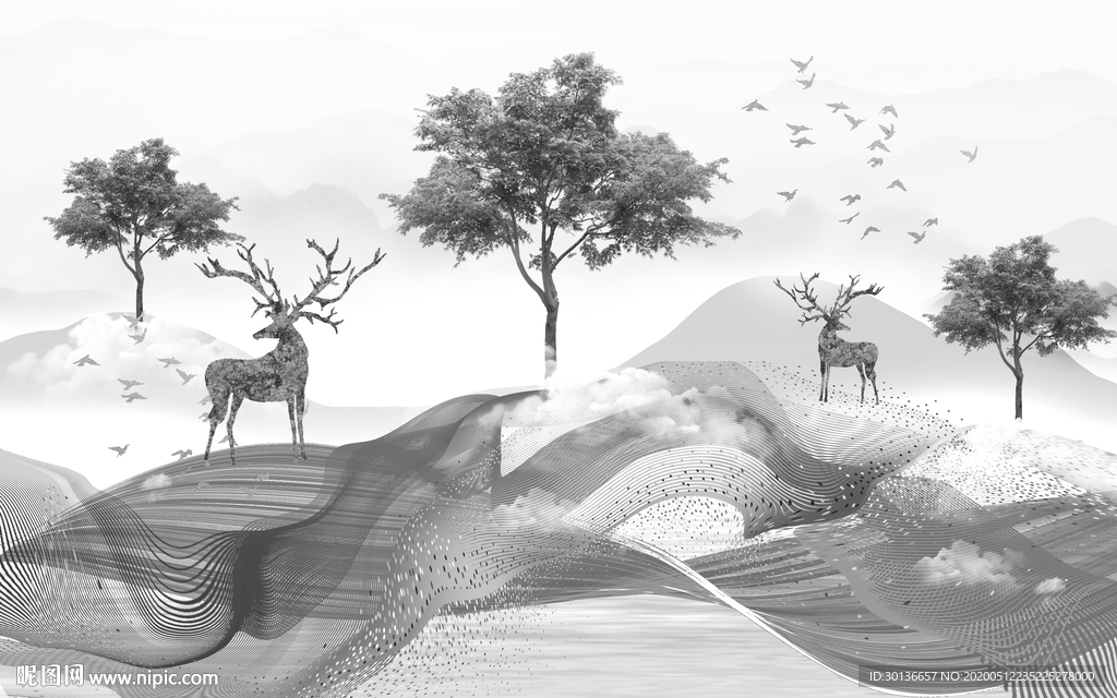 麋鹿山水画背景画 TIF分层