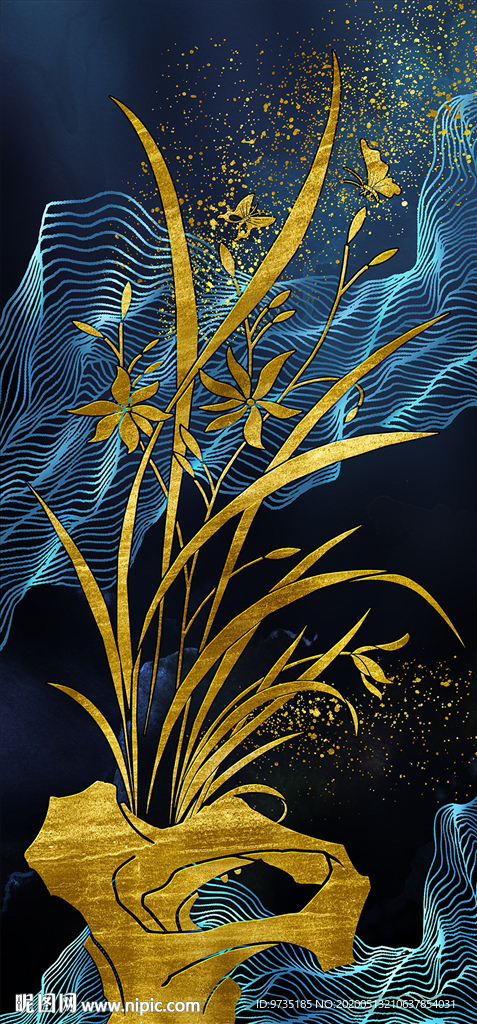 国潮轻奢新中式金箔兰花装饰画