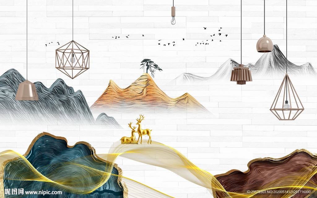 高清新山水背景墙 TIF分层