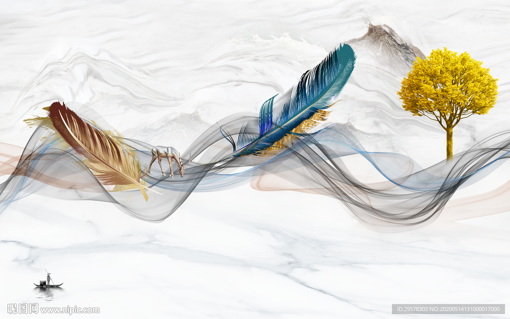 羽毛新山水背景墙 TIF分层