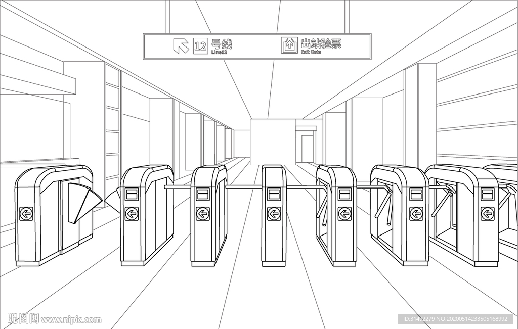 车站检票口线描