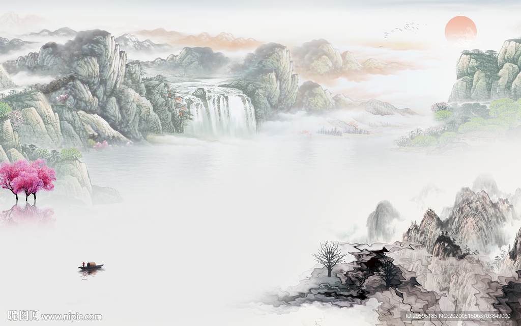 国画轻奢风山水画 tif分层