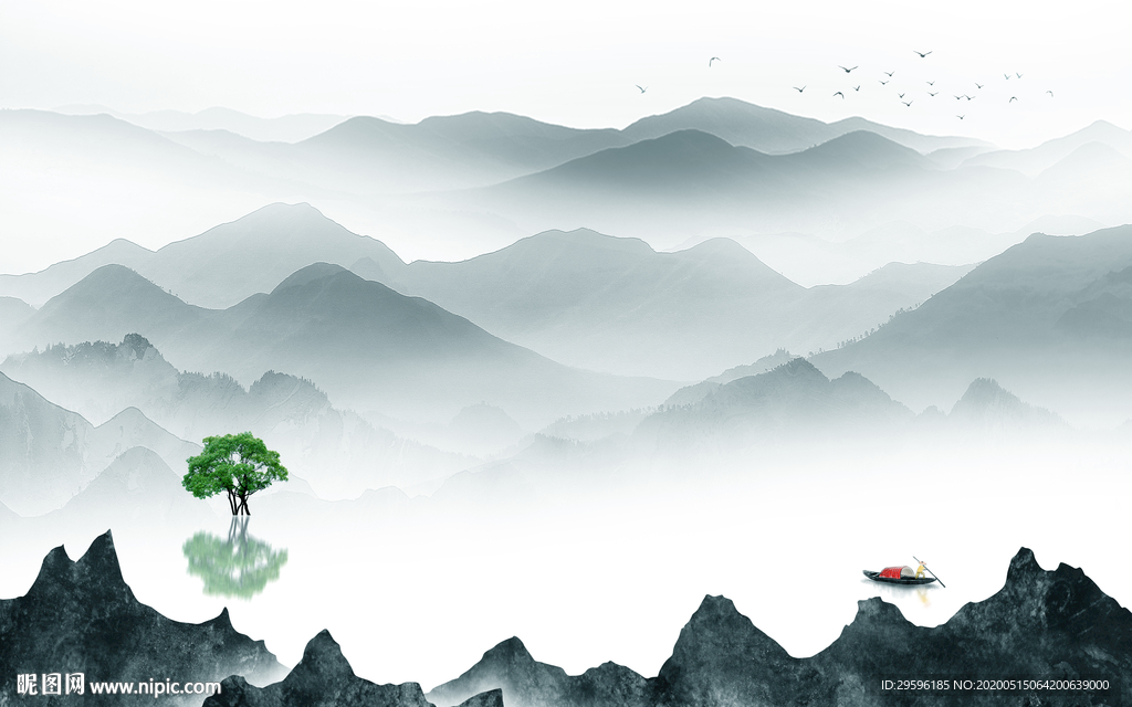 高清轻奢风山水画 tif分层