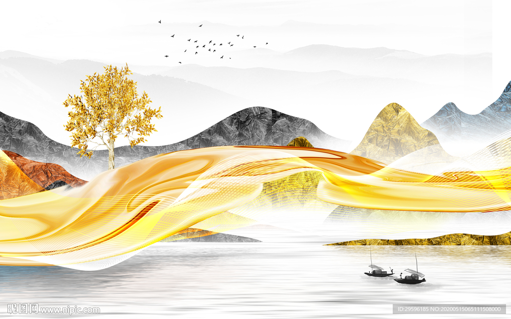 金色轻奢风山水画 tif分层