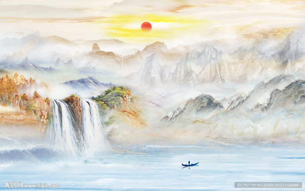 旭日东升  山水情 瀑布山水