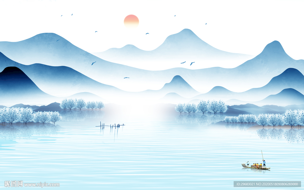 新中式轻奢风山水画 tif分层