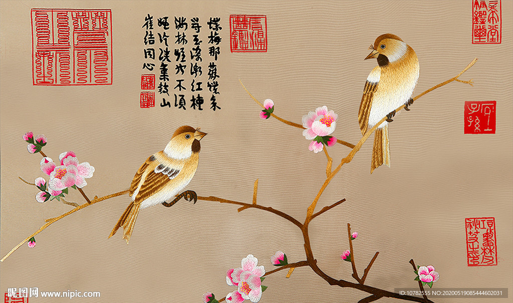 中国风刺绣风花鸟素雅电视背景墙