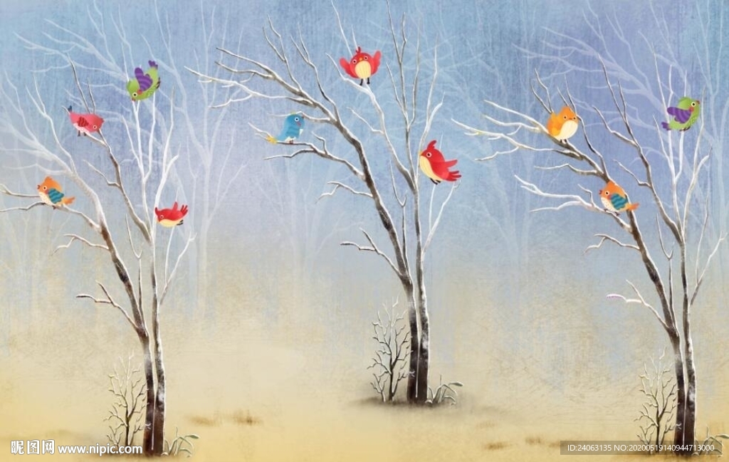 卡通儿童房间树林小鸟壁画背景墙