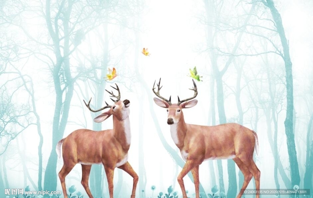 卡通儿童房间森林麋鹿蝴蝶壁画背