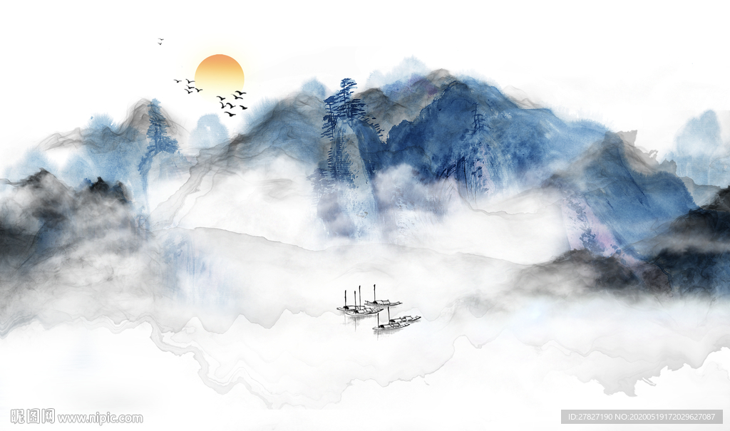 旭日东升 蓝色抽象山水  飞鸟