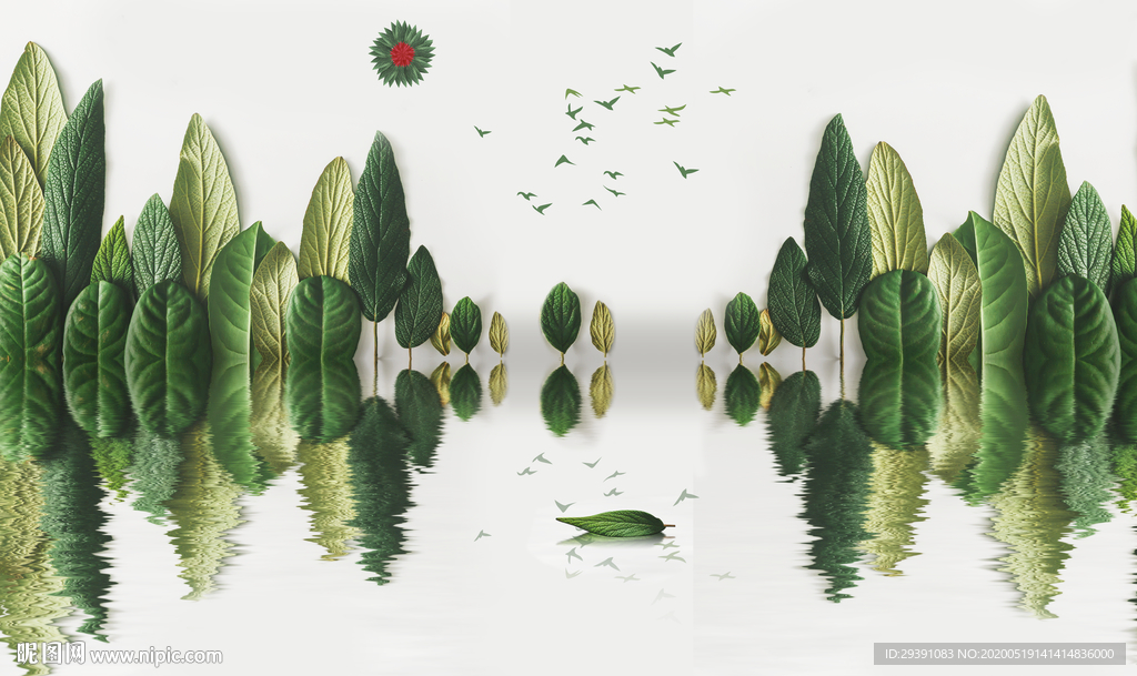 3D立体树叶倒影创意意境背景墙