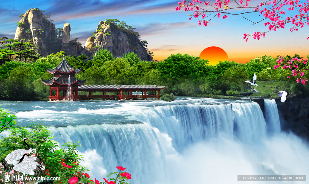 瀑布山水园林电视背景墙