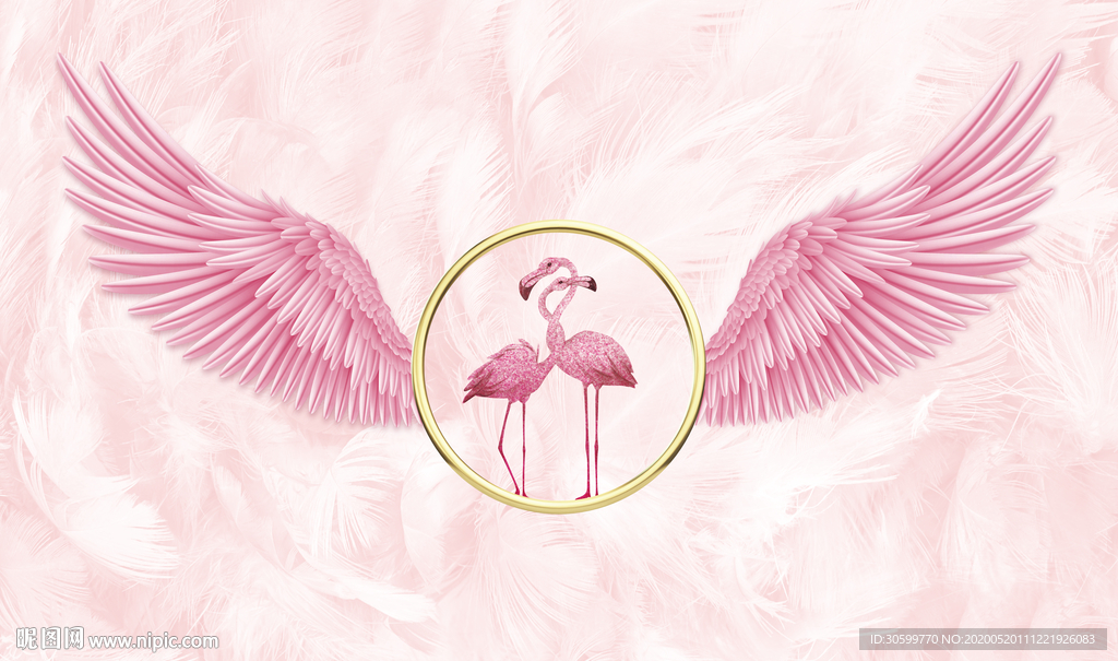 粉色羽毛翅膀火烈鸟背景装饰画