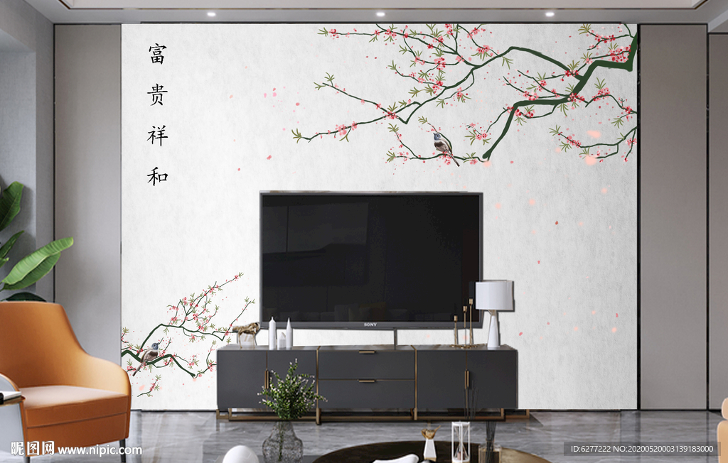 精美富贵祥和小鸟中国风背景墙面