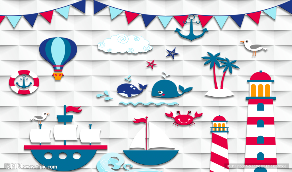 航海地中海灯塔儿童房背景墙