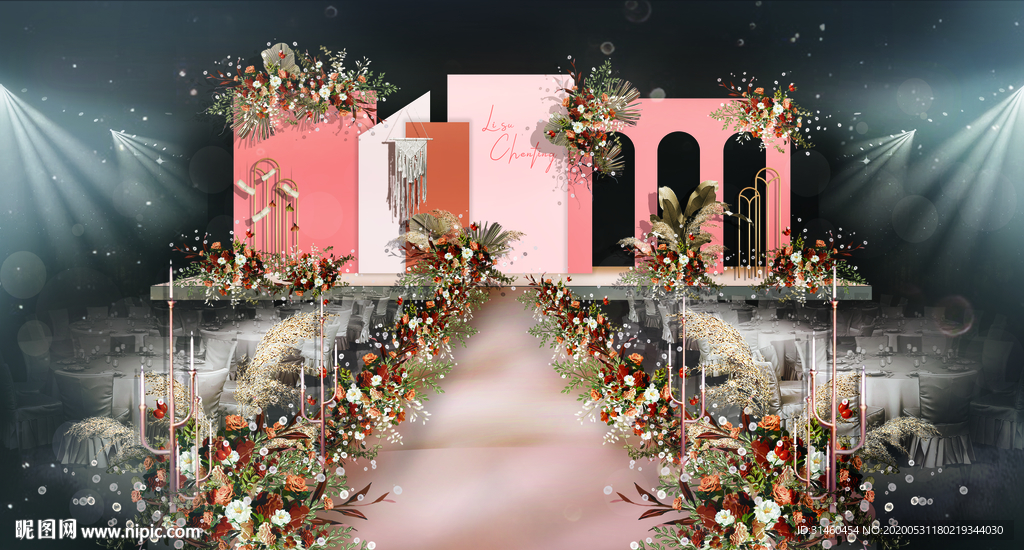 泰式莫兰迪橙红色婚礼舞台效果图