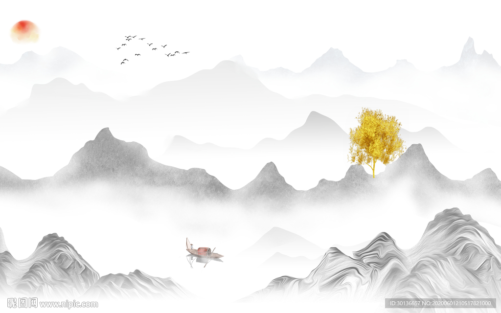 中式山水画灰色画 TIF分层