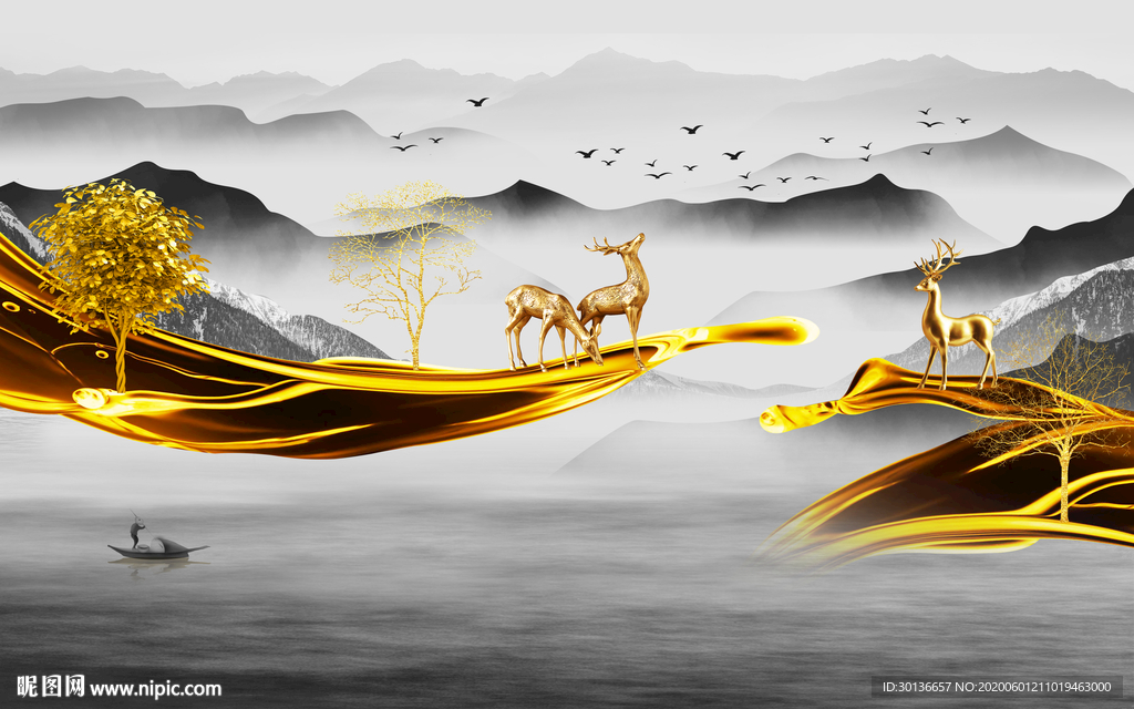 麋鹿背景墙装饰画 TIF分层