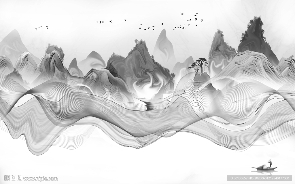 高清 山水画灰色画 TIF分层