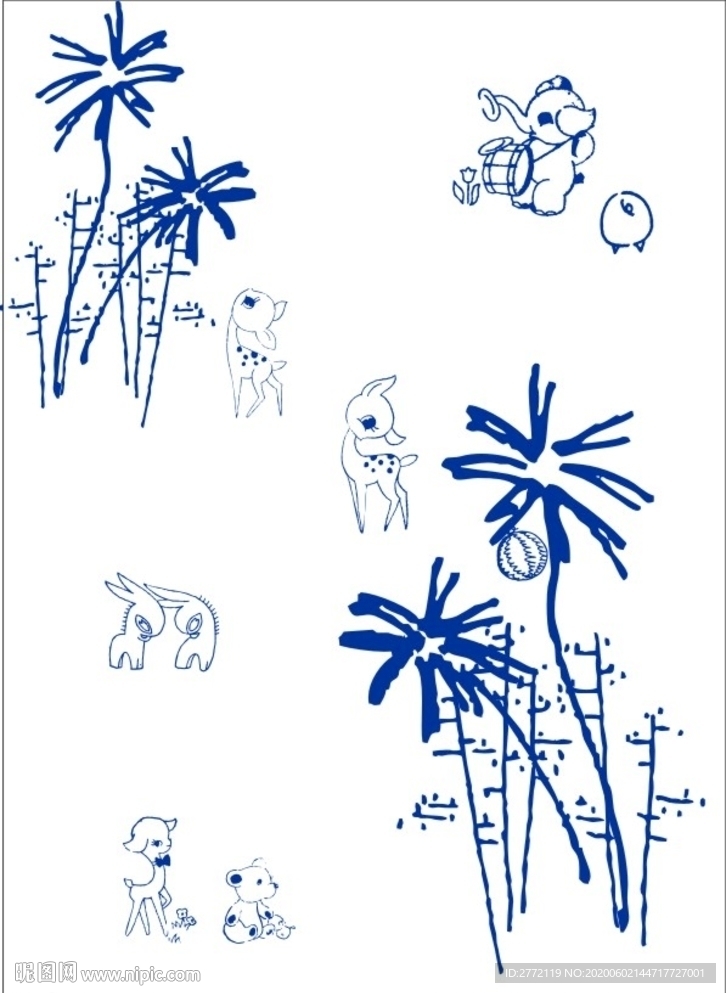 树林动物卡通  手绘画