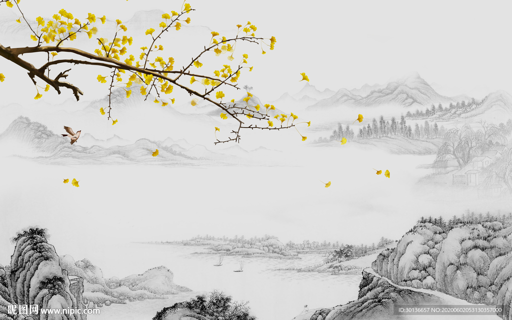 银杏山水画风景画 TIF分层