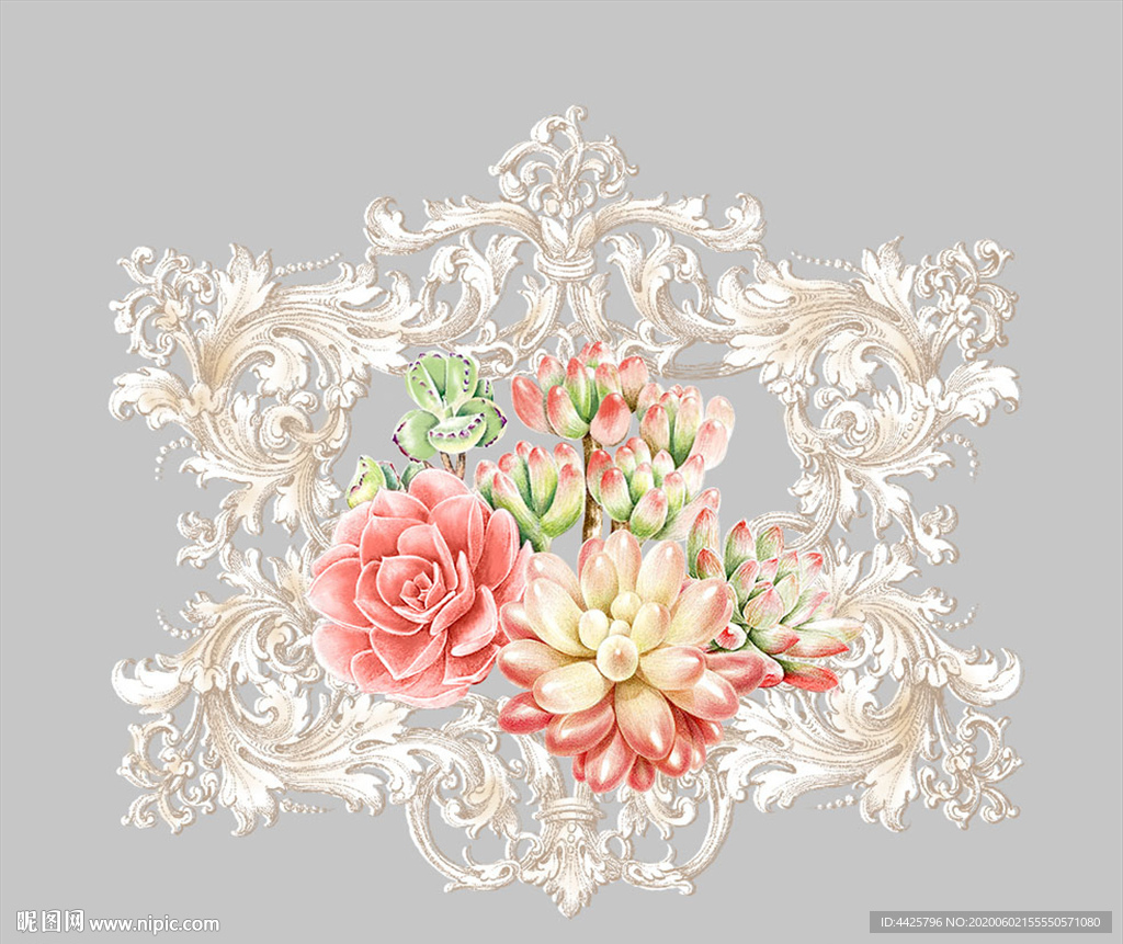 高清手绘多肉花卉墙纸印花