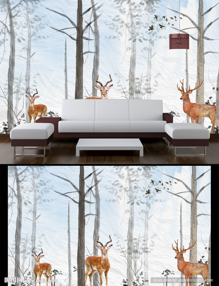 手绘麋鹿背景墙