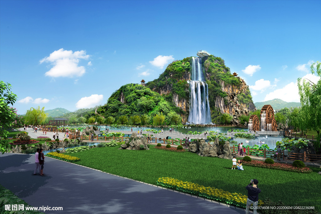 湖边景观瀑布 荷花