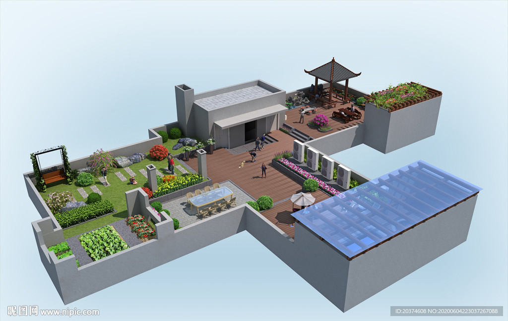 私家庭院 屋顶花园 水景 廊架